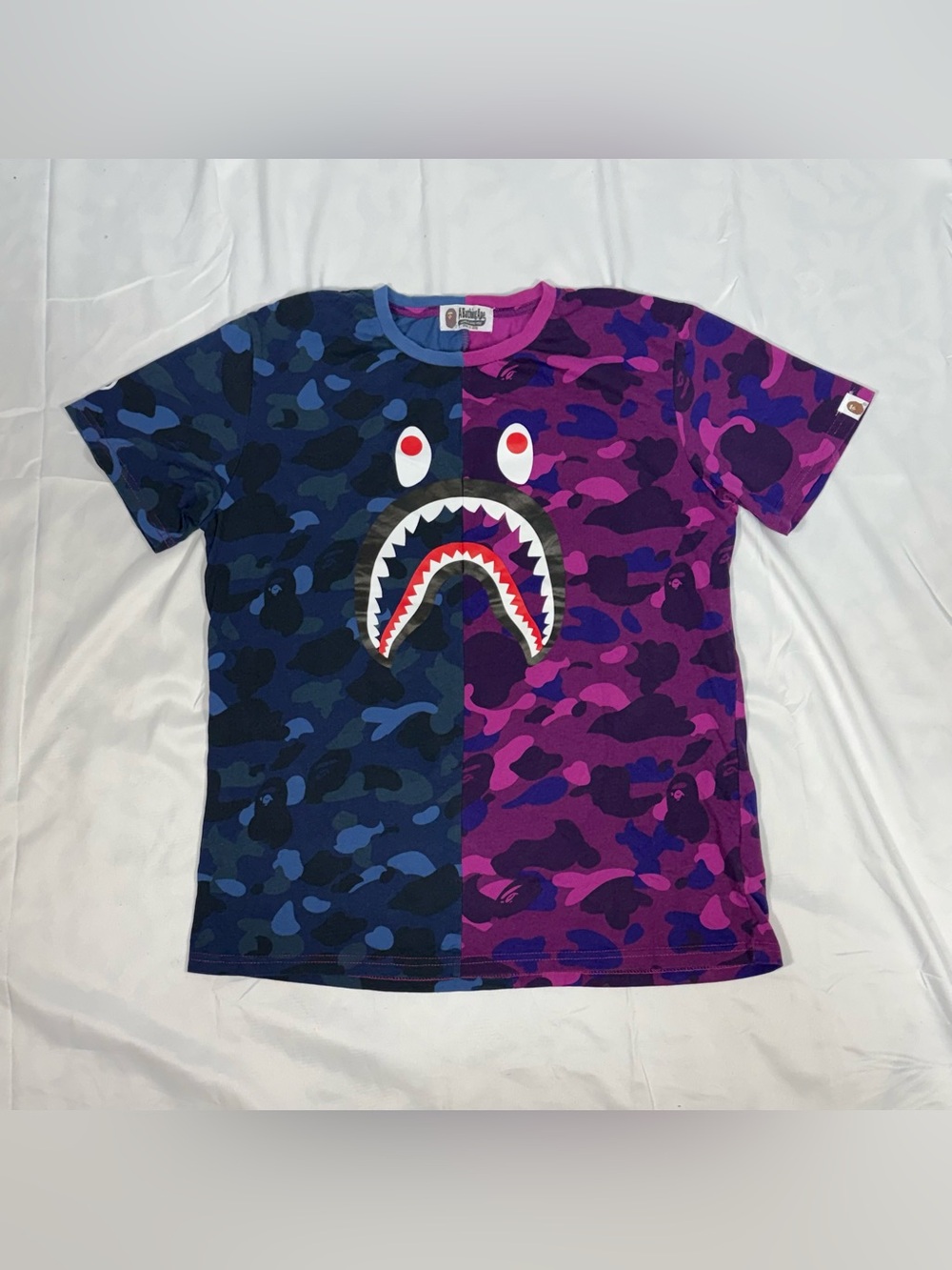 A Bathing Ape BAPE Split Camo Shark WGM Purple Blue Graphic T-Shirt